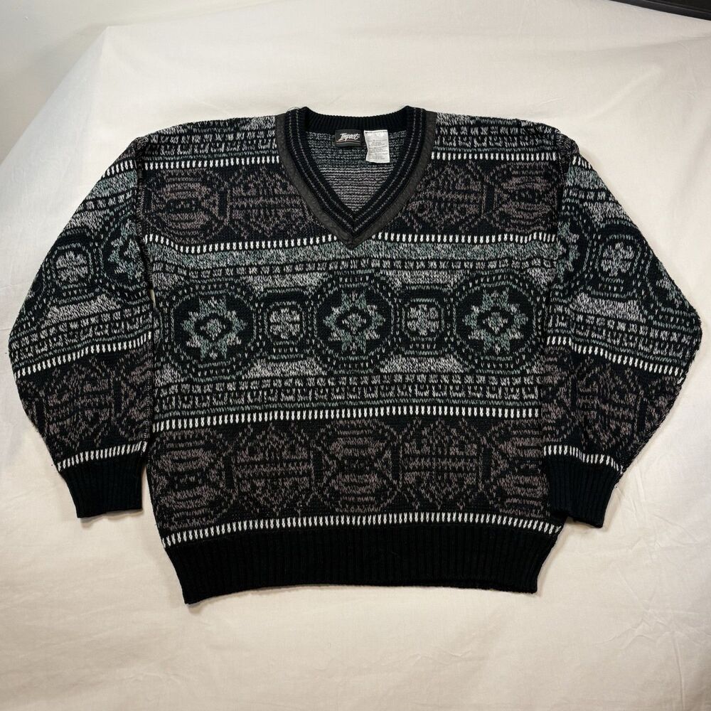 Impact Retro Men’s Size Extra Large V-Neck Pullover Knit Sweater Geometric-EUC